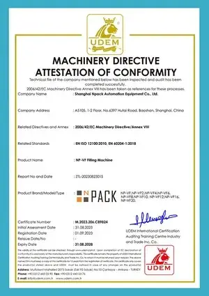 Certificato CE - Attrezzature per il riempimento