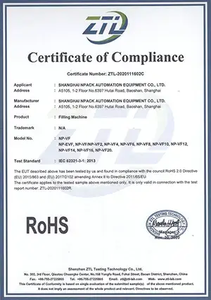 Certificato RoHS - Macchina riempitrice